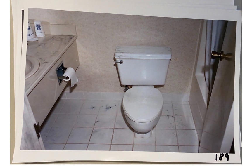 Crime scene image of a toilet featured in Sin City Murders Episode 110.
