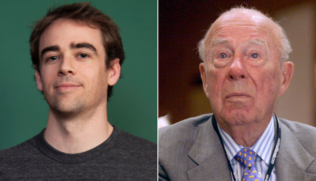 Whistleblower Tyler Shultz, pictured left, alongside his grandfather, former Theranos board member and U.S. secretary of state, George Shultz.