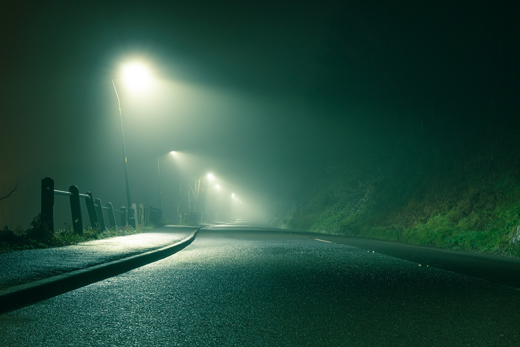 A spooky country road, going into the distance with street lights, glowing on a moody foggy night