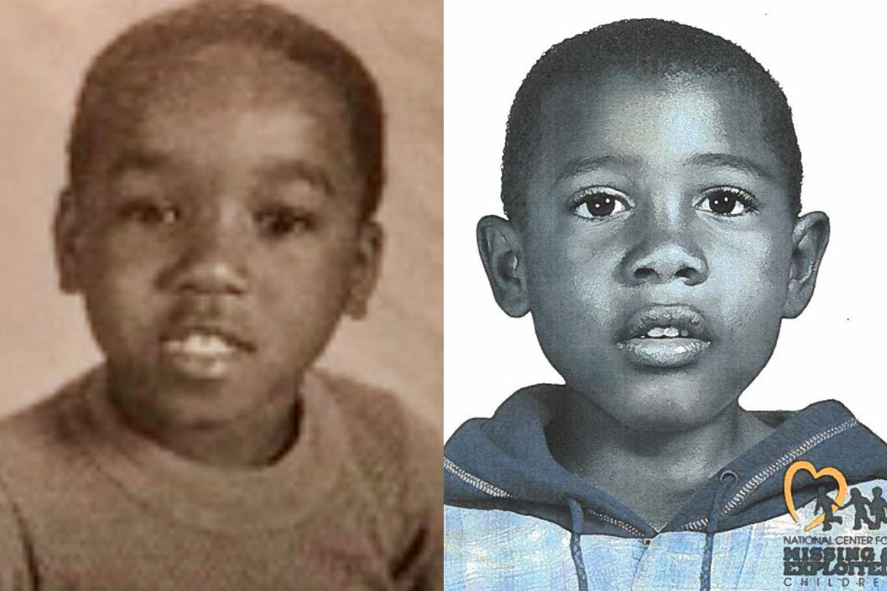 A side by side photo of William Deshawn Hamilton as a young boy next to a recreation image