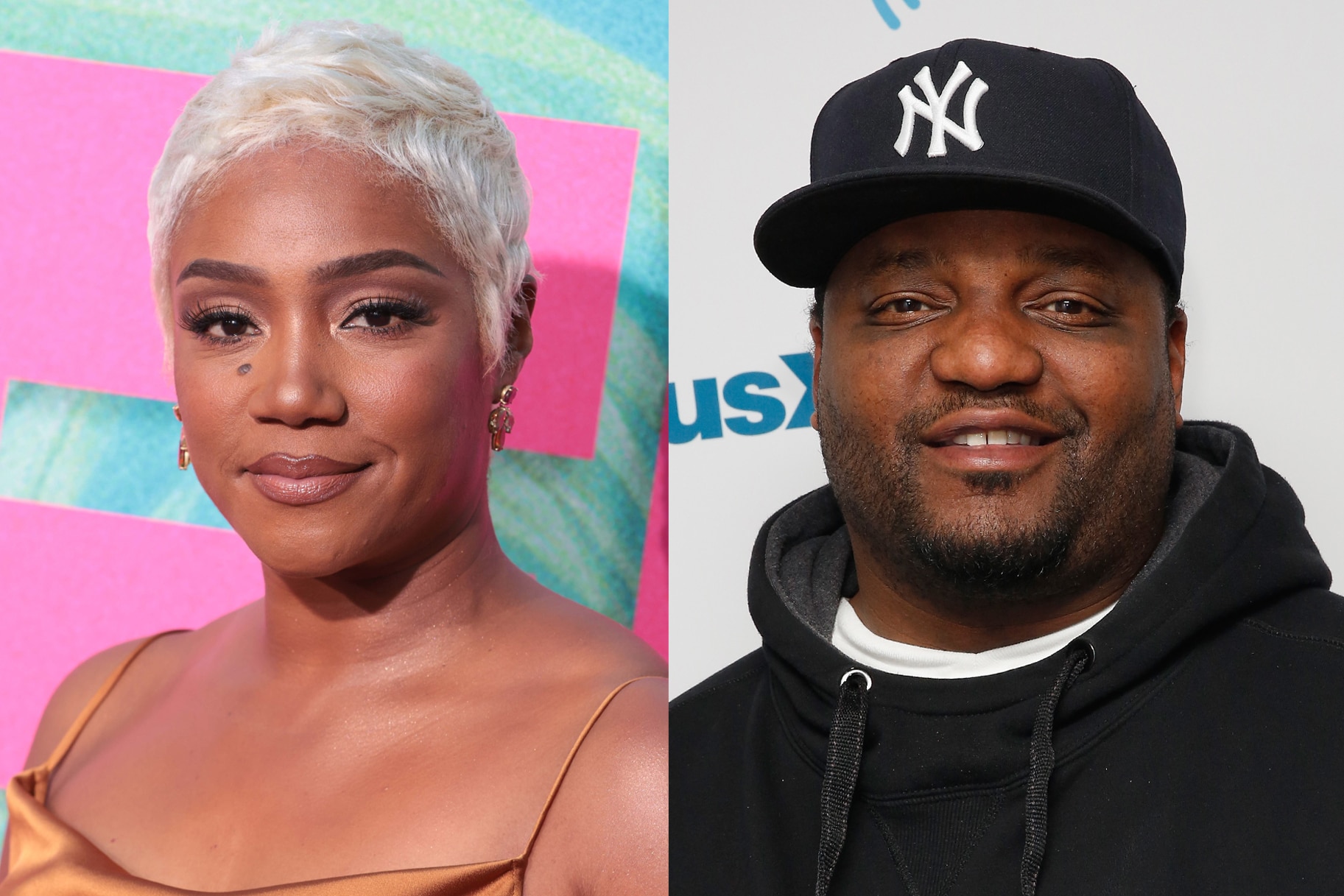 A side by side photo of Tiffany Haddish and Aries Spears