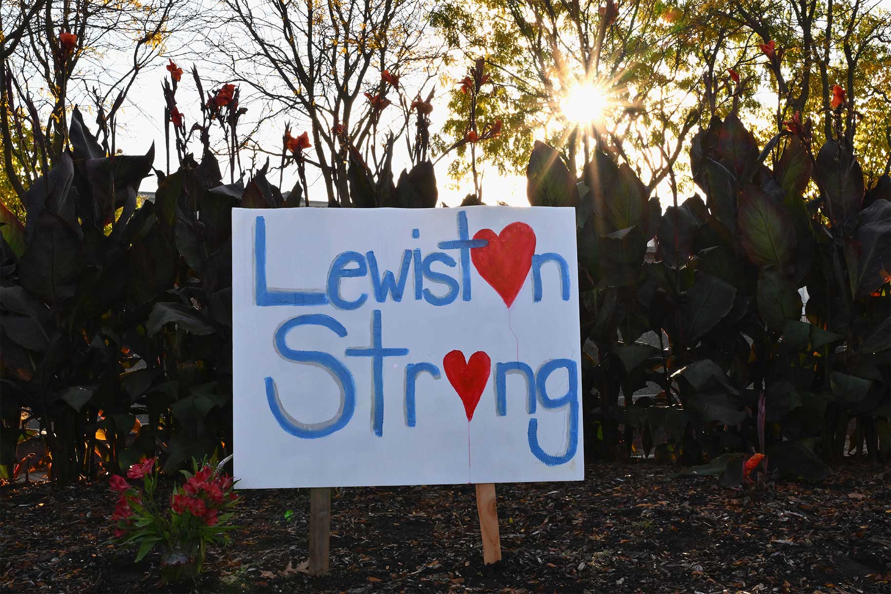 A sign reading Lewiston strong after the Lewiston Maine Shooting