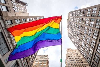 A rainbow flag seen flying at the narch in New York.