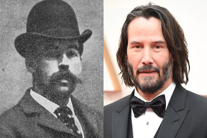 A split photo of H.H. Holmes and Keanu Reeves