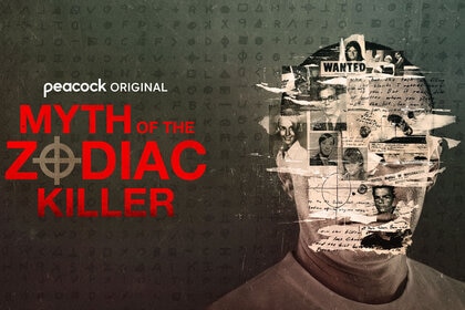 Myth of the Zodiac Killer Season 1 artwork featuring a collage of letters and victims over a male head.