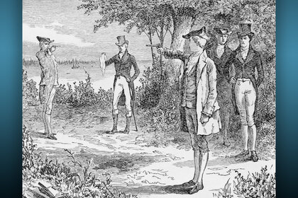 An illustration of the duel between Alexander Hamilton and Aaron Burr