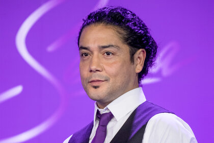 Chris Perez on stage during a press conference before the MAC Selena World Premiere