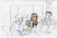 A courtroom sketch of prosecutor Rob Wood, Lori Vallow Daybell and defense attorney Jim Archibald