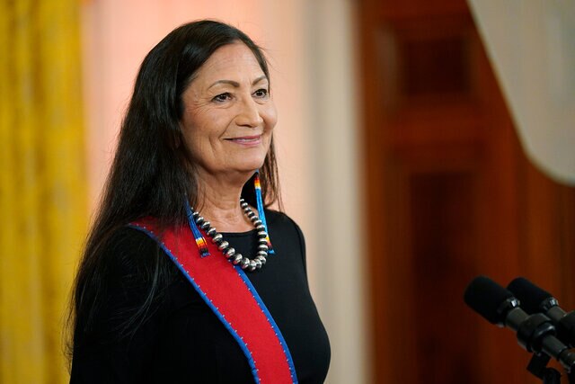 Interior Secretary Deb Haaland speaks at a reception in the East Room of the White House