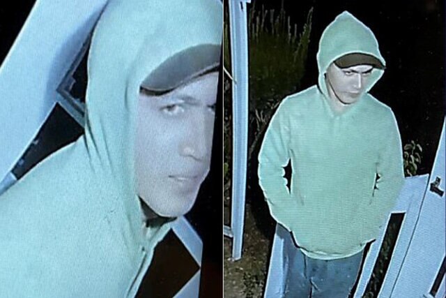 Security images of Danelo Cavalcante in a green hoodie, black hat, green prison pants, and white shoes.