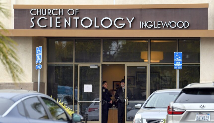 Police pictured outside a Church of Scientology in Inglewood, California in March 2019