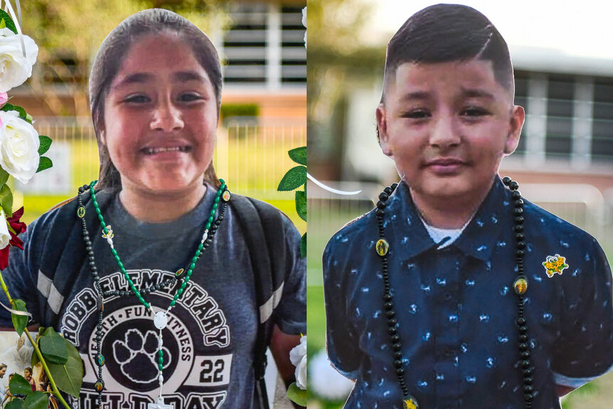 Photos of Annabell Rodriguez and Xavier Lopez placed at a makeshift memorial at Robb Elementary School