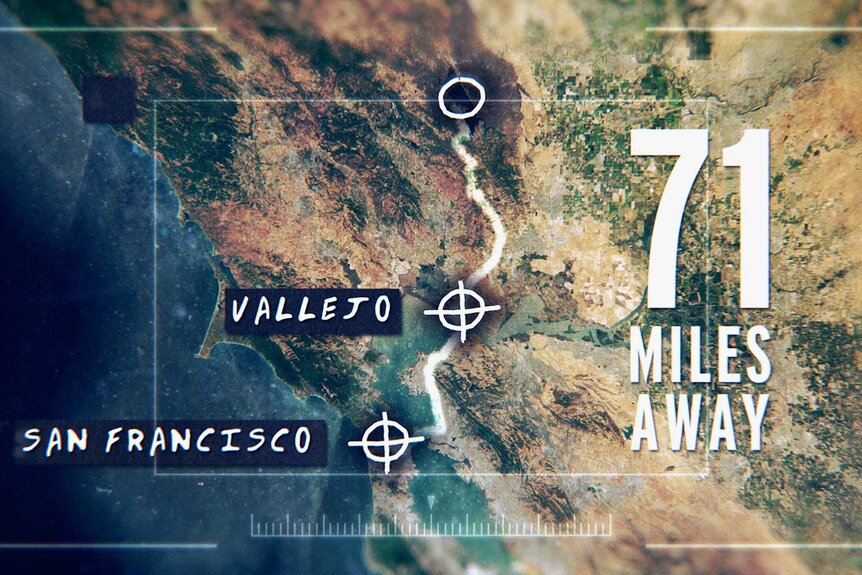 A map showing the distance between Vallejo and San Francisco, CA