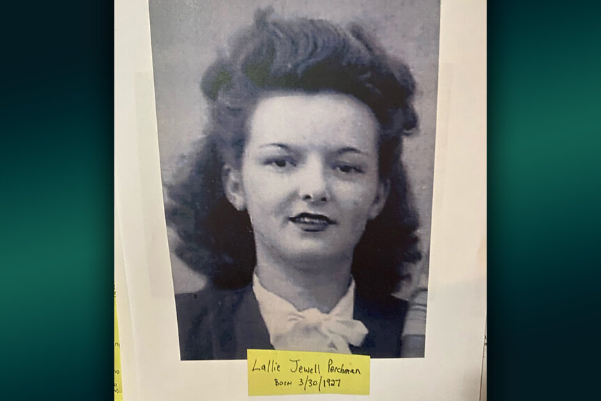 A photo of Jewell Langford with a note underneath stating "Lallie Jewell Parchman Born 3/30/1927"