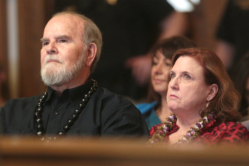 Larry and Kay Woodcock sit in court and listen during the hearing of Lori Vallow